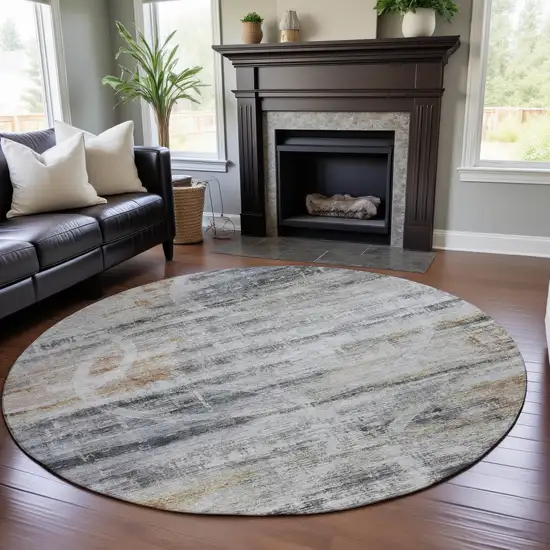 8' Silver Copper And Gray Geometric Washable Round Rug With UV Protection Photo 4