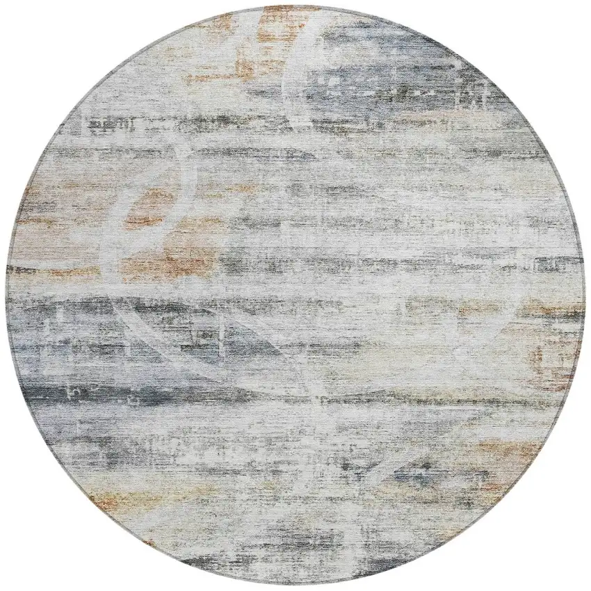 8' Silver Copper And Ivory Round Geometric Washable Indoor Outdoor Area Rug Photo 5