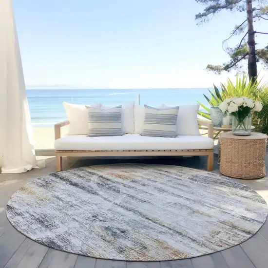 8' Silver Copper And Ivory Round Geometric Washable Indoor Outdoor Area Rug Photo 6