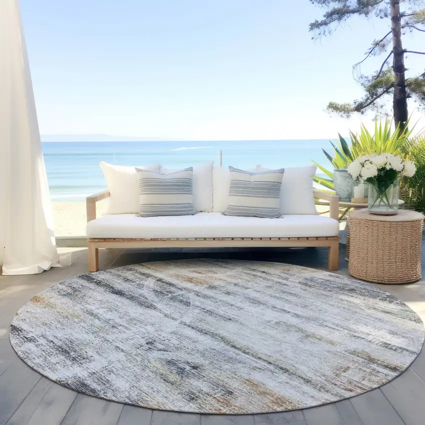 8' Silver Copper And Ivory Round Geometric Washable Indoor Outdoor Area Rug Photo 6