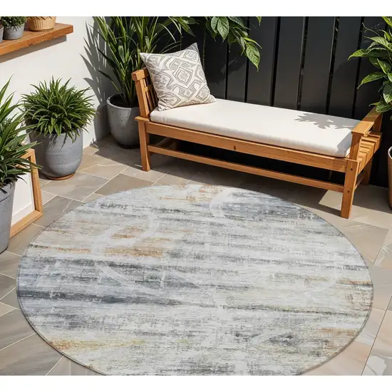 8' Silver Copper And Ivory Round Geometric Washable Indoor Outdoor Area Rug Photo 1