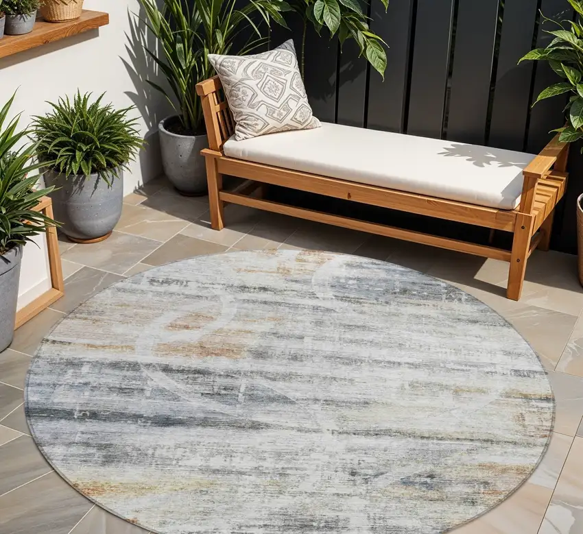 8' Silver Copper And Ivory Round Geometric Washable Indoor Outdoor Area Rug Photo 1