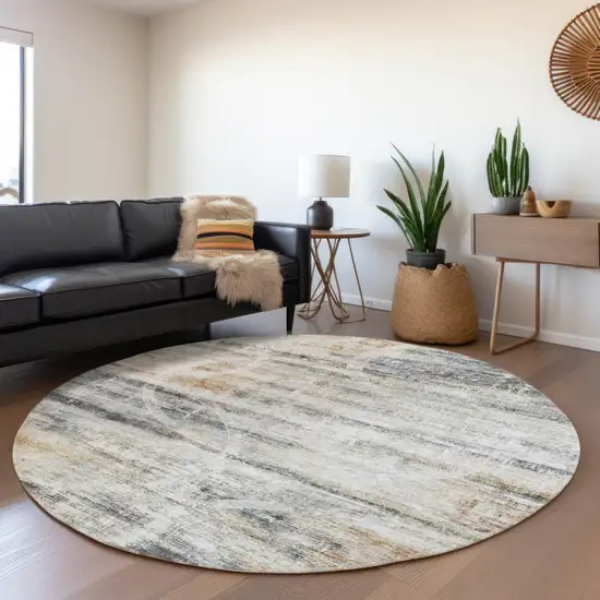 8' Silver Copper And Ivory Round Geometric Washable Indoor Outdoor Area Rug Photo 7
