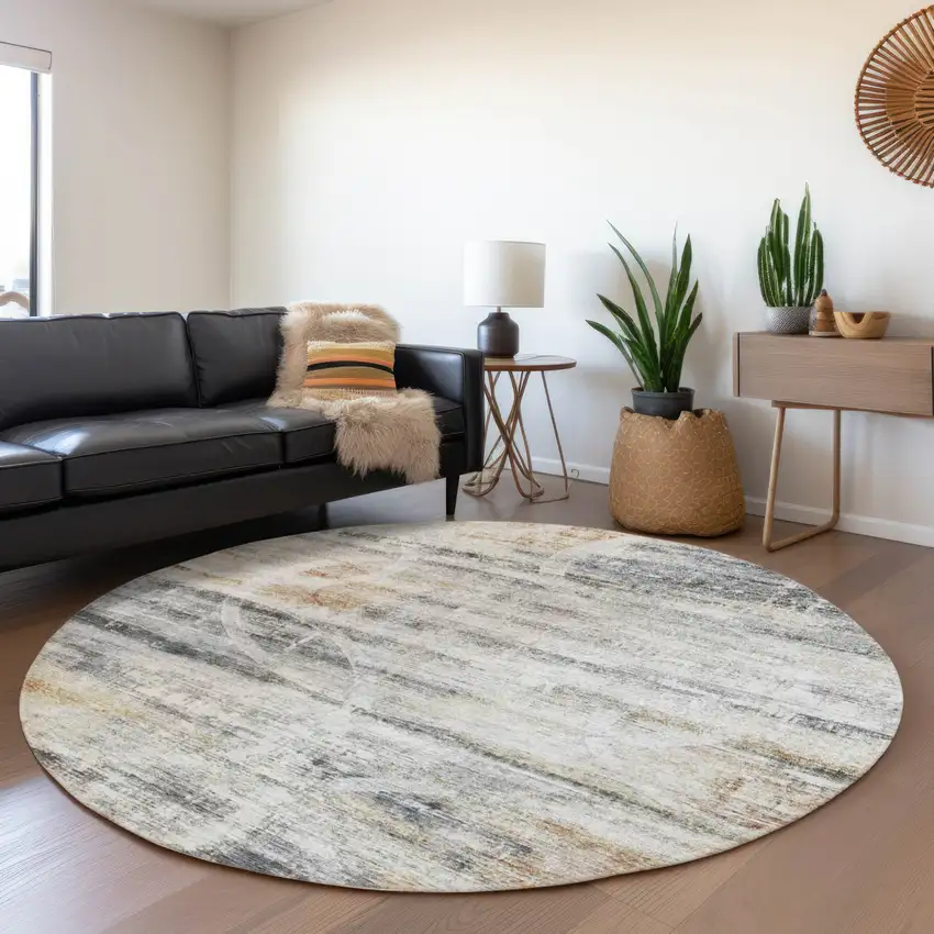8' Silver Copper And Ivory Round Geometric Washable Indoor Outdoor Area Rug Photo 7
