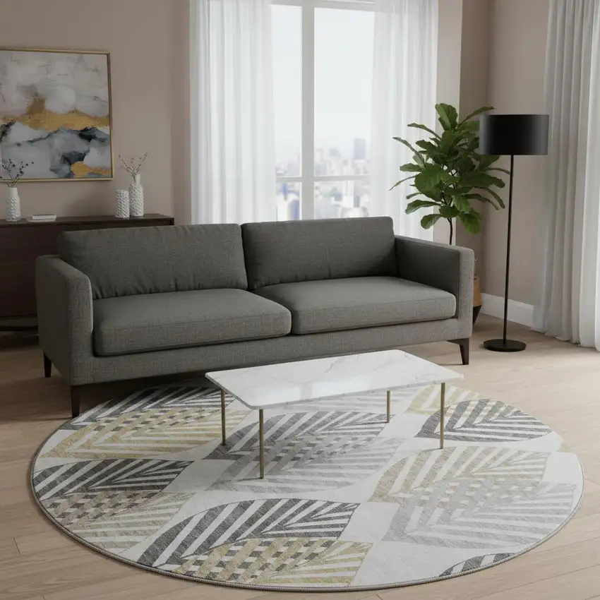 8' Silver Gold And Gray Floral Washable Round Rug With UV Protection Photo 2