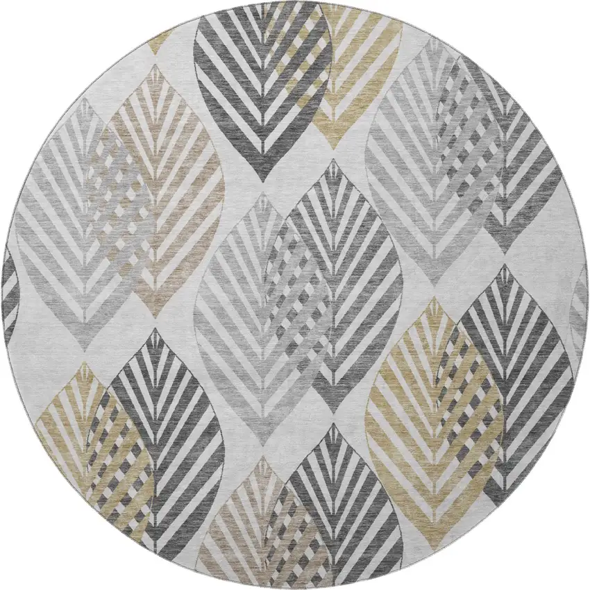 8' Silver Gold And Gray Floral Washable Round Rug With UV Protection Photo 4
