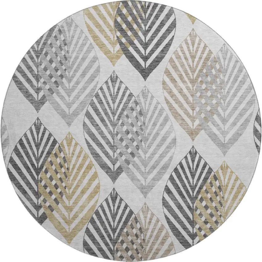 8' Silver Gold And Gray Floral Washable Round Rug With UV Protection Photo 1