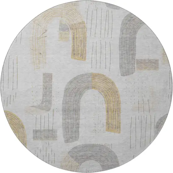 8' Silver Gold And Gray Geometric Washable Round Rug With UV Protection Photo 3