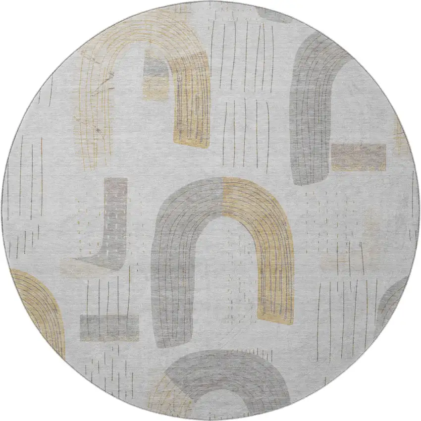 8' Silver Gold And Gray Geometric Washable Round Rug With UV Protection Photo 3