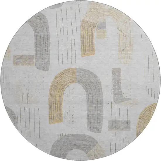8' Silver Gold And Gray Geometric Washable Round Rug With UV Protection Photo 1