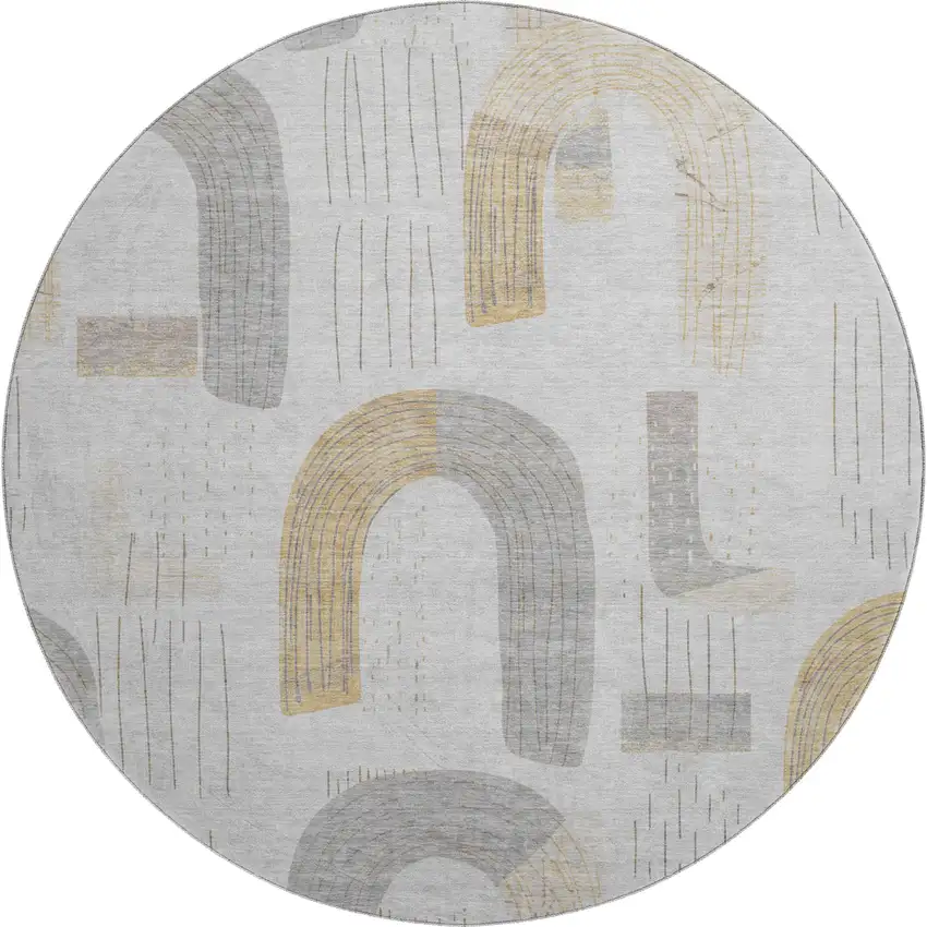 8' Silver Gold And Gray Geometric Washable Round Rug With UV Protection Photo 1