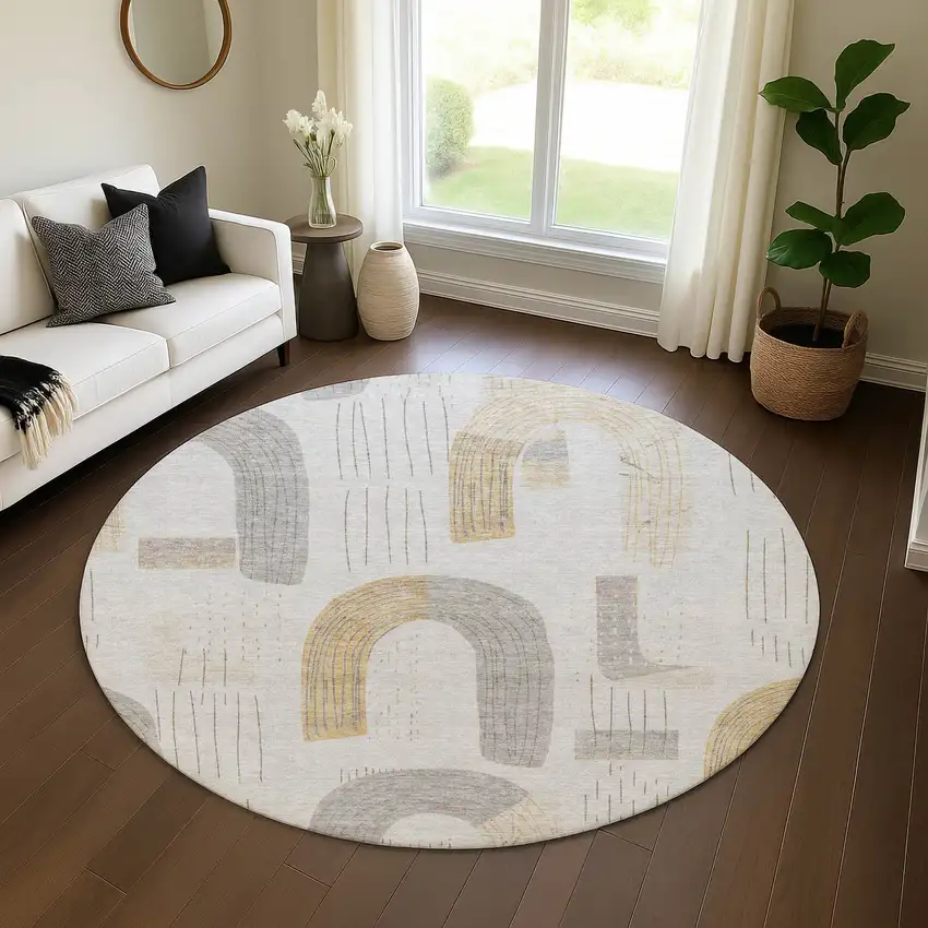 8' Silver Gold And Gray Geometric Washable Round Rug With UV Protection Photo 4
