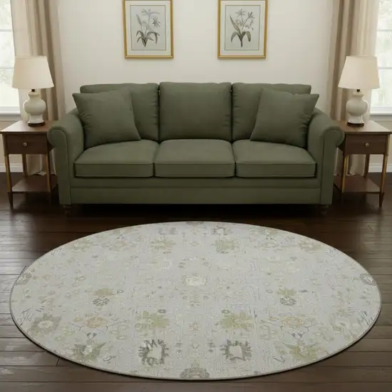 8' Silver Gold And Gray Oriental Washable Round Rug With UV Protection Photo 2