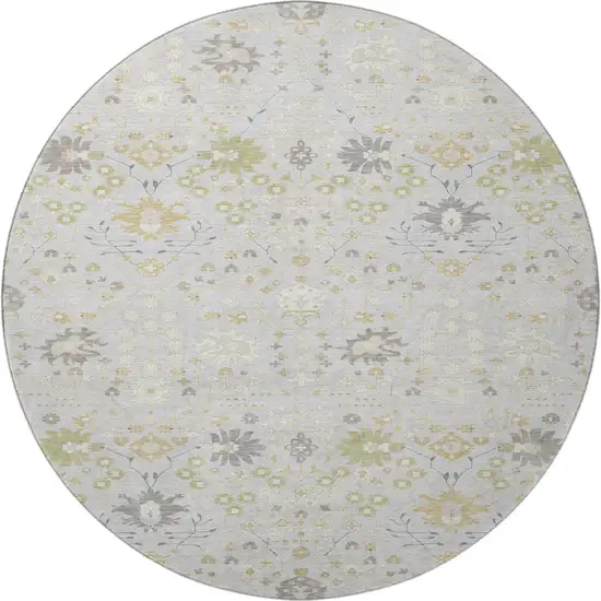 8' Silver Gold And Gray Oriental Washable Round Rug With UV Protection Photo 3
