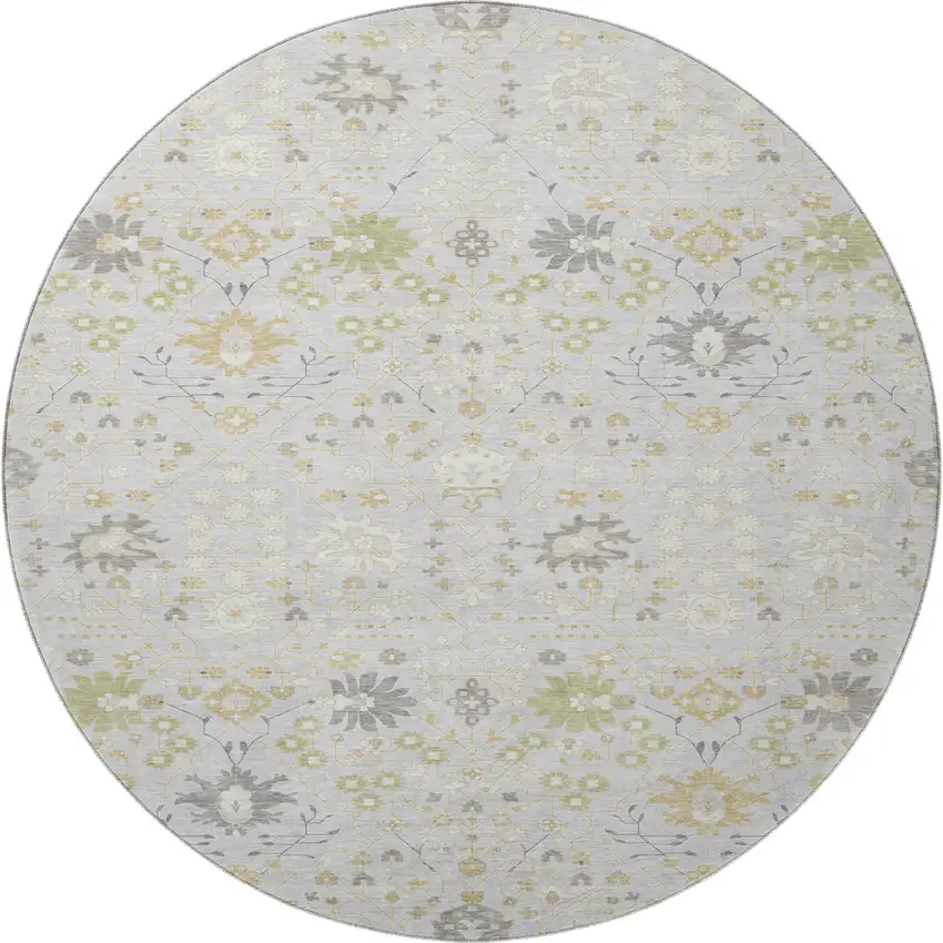 8' Silver Gold And Gray Oriental Washable Round Rug With UV Protection Photo 3
