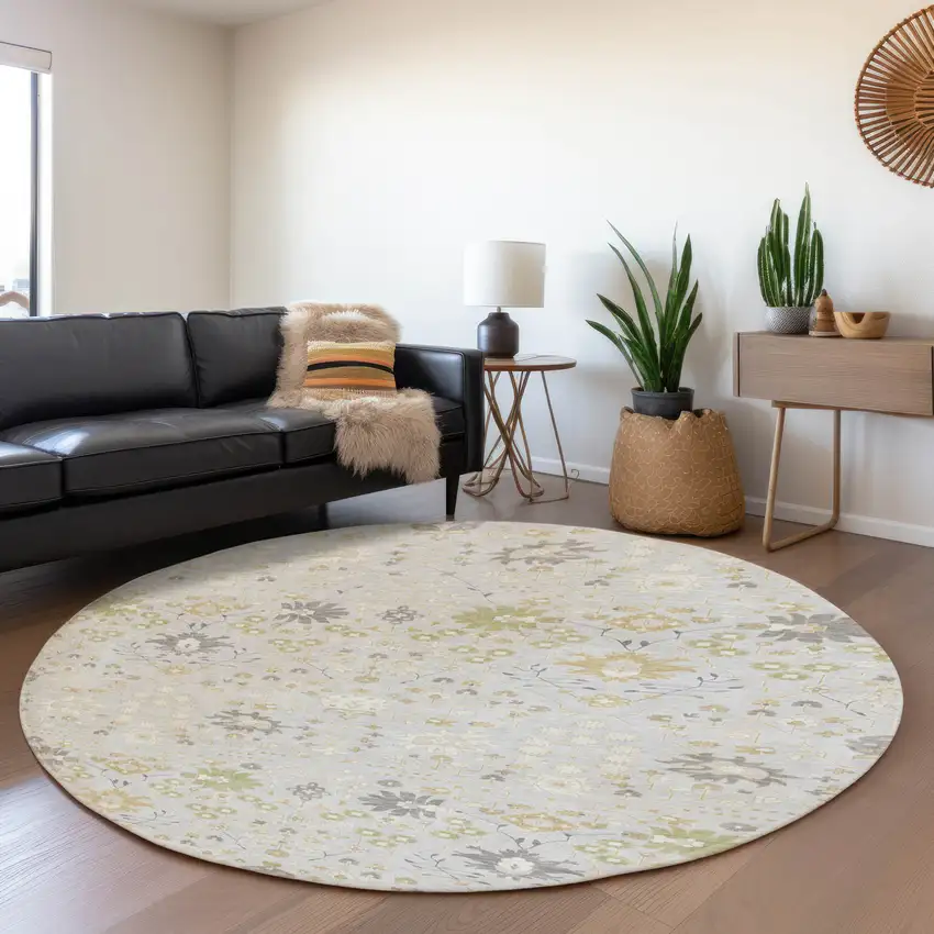 8' Silver Gold And Gray Oriental Washable Round Rug With UV Protection Photo 4