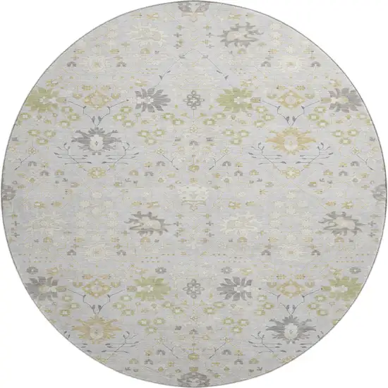 8' Silver Gold And Gray Oriental Washable Round Rug With UV Protection Photo 1