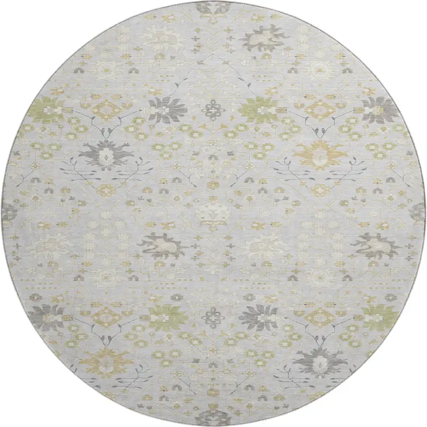 8' Silver Gold And Gray Oriental Washable Round Rug With UV Protection Photo 1