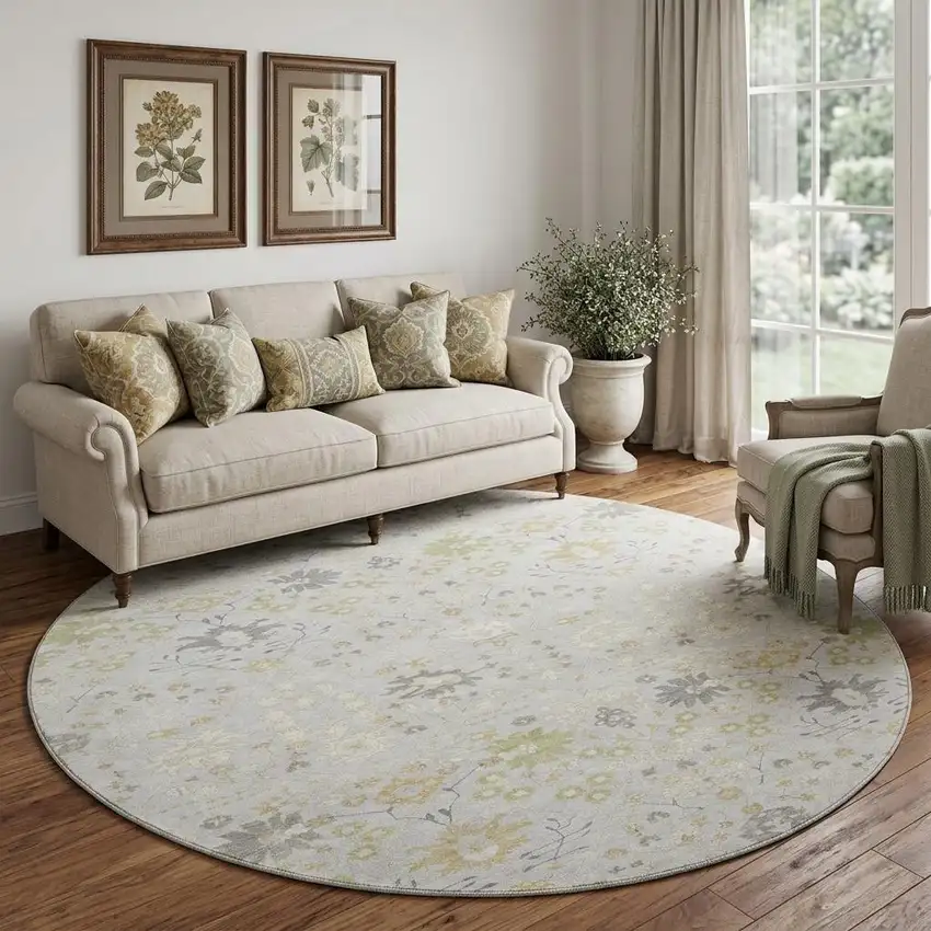 8' Silver Gold And Gray Oriental Washable Round Rug With UV Protection Photo 1