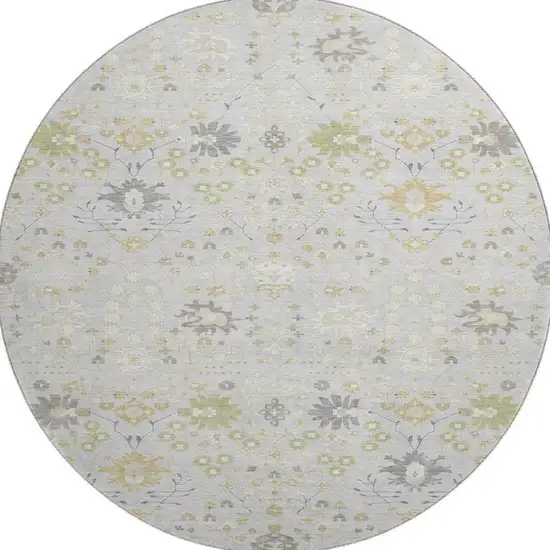 8' Silver Gold And Gray Oriental Washable Round Rug With UV Protection Photo 2