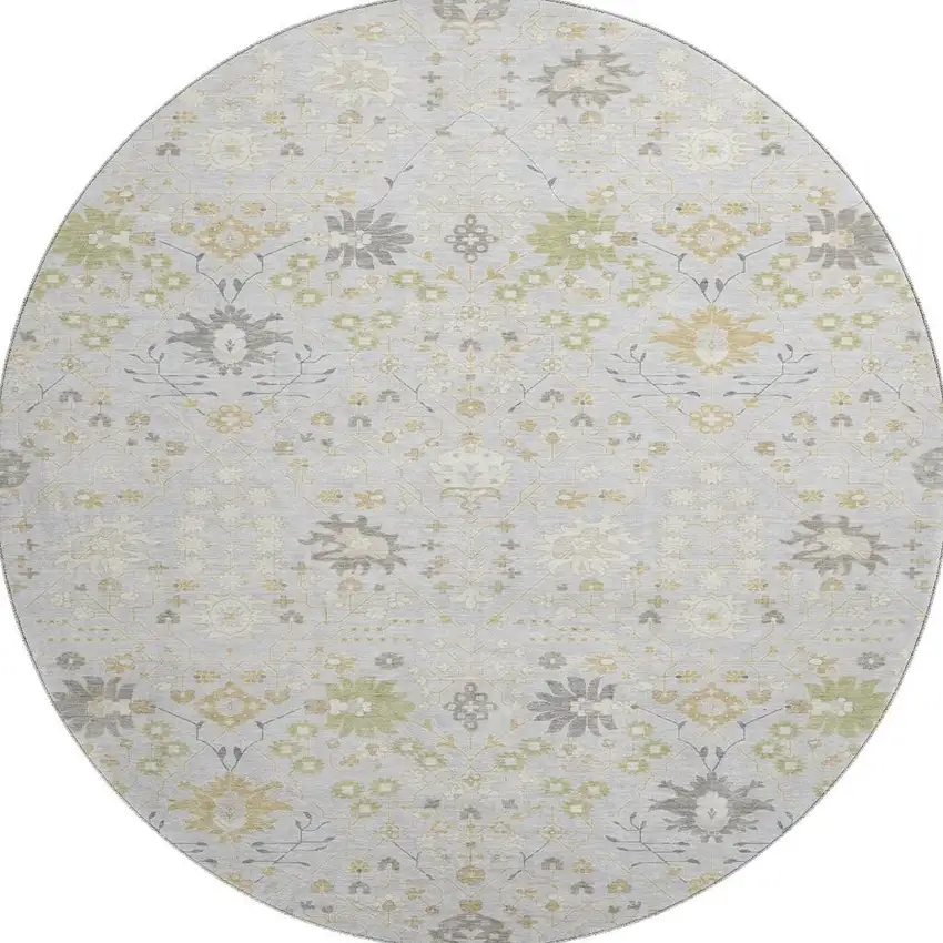 8' Silver Gold And Gray Oriental Washable Round Rug With UV Protection Photo 2