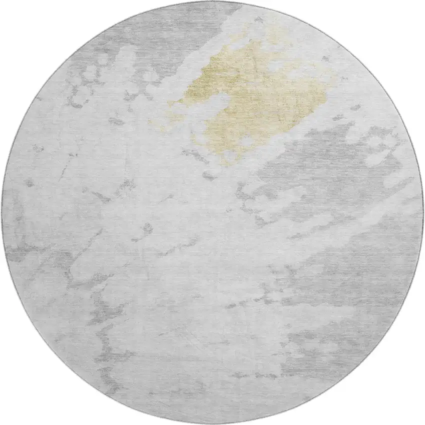 8' Silver Gold And Ivory Abstract Washable Round Rug With UV Protection Photo 1