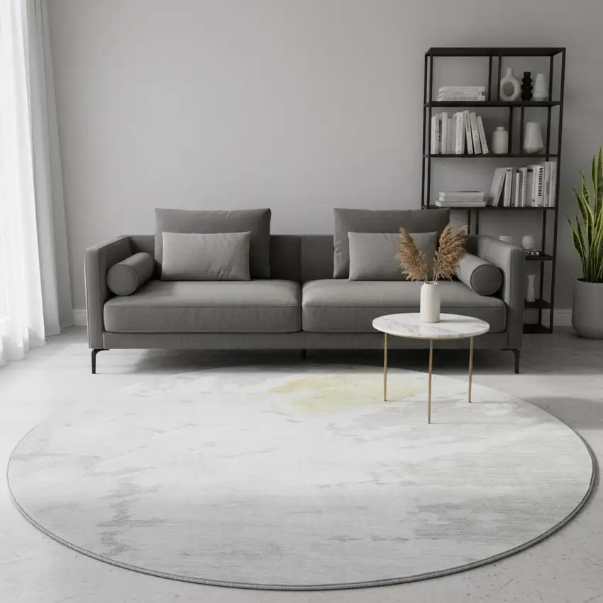 8' Silver Gold And Ivory Abstract Washable Round Rug With UV Protection Photo 2