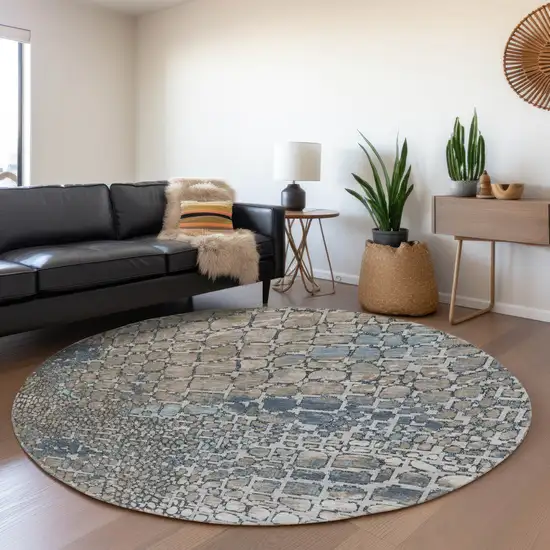 8' Silver Gray And Beige Abstract Geometric Washable Round Rug With UV Protection Photo 4
