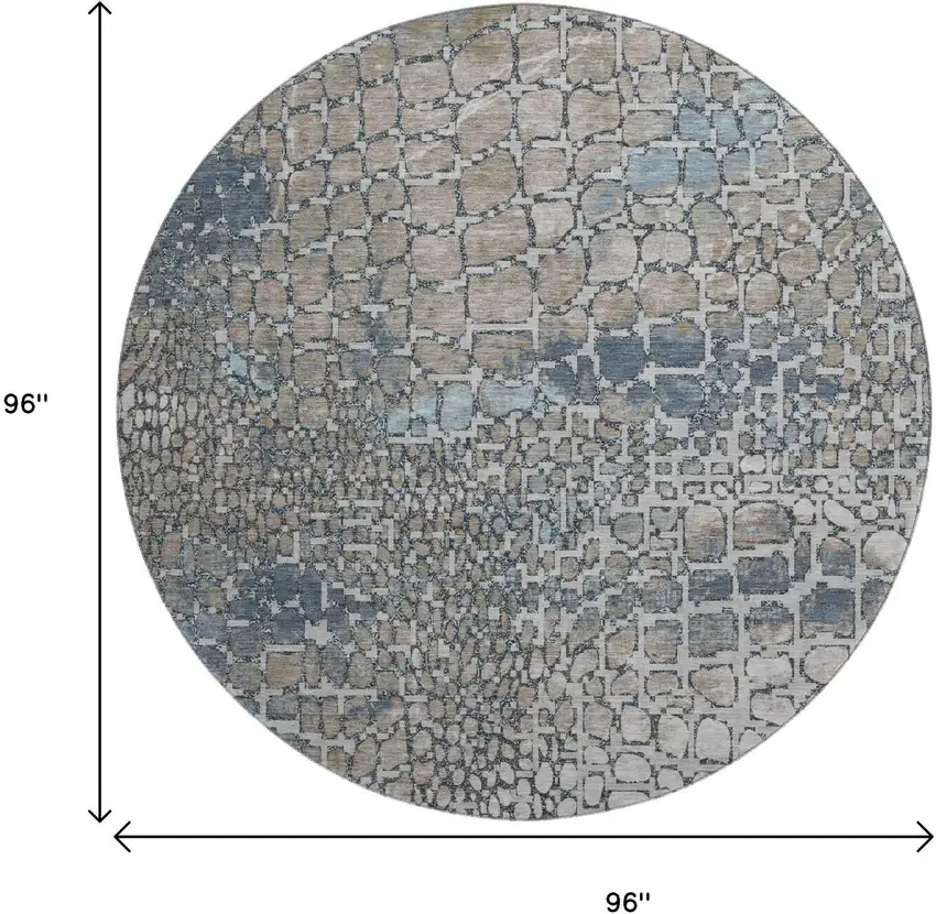 8' Silver Gray And Beige Abstract Geometric Washable Round Rug With UV Protection Photo 9
