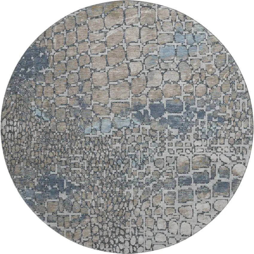 8' Silver Gray And Beige Abstract Geometric Washable Round Rug With UV Protection Photo 1