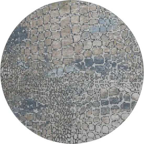 8' Silver Gray And Beige Abstract Geometric Washable Round Rug With UV Protection Photo 1