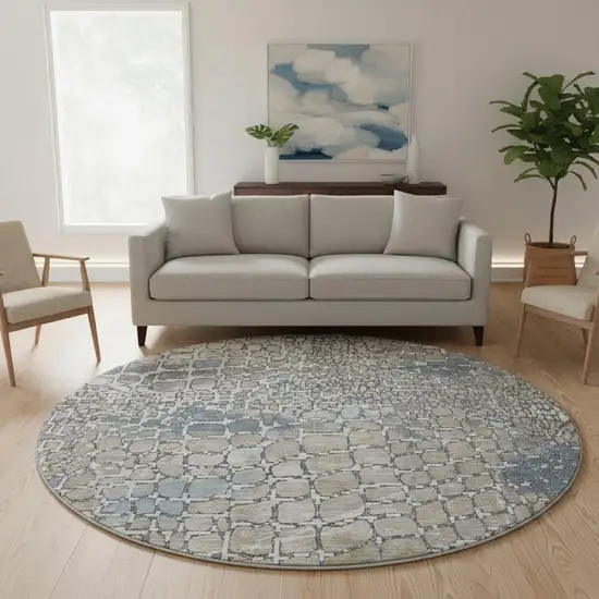 8' Silver Gray And Beige Abstract Geometric Washable Round Rug With UV Protection Photo 2