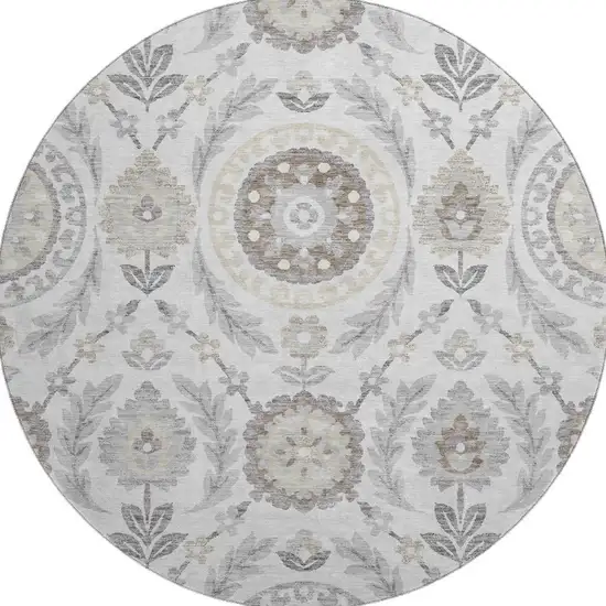 8' Silver Gray And Beige Floral Washable Round Rug With UV Protection Photo 3