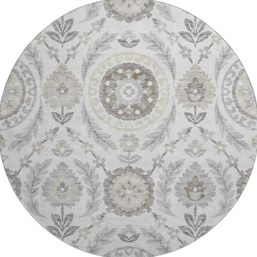 8' Silver Gray And Beige Floral Washable Round Rug With UV Protection Photo 3