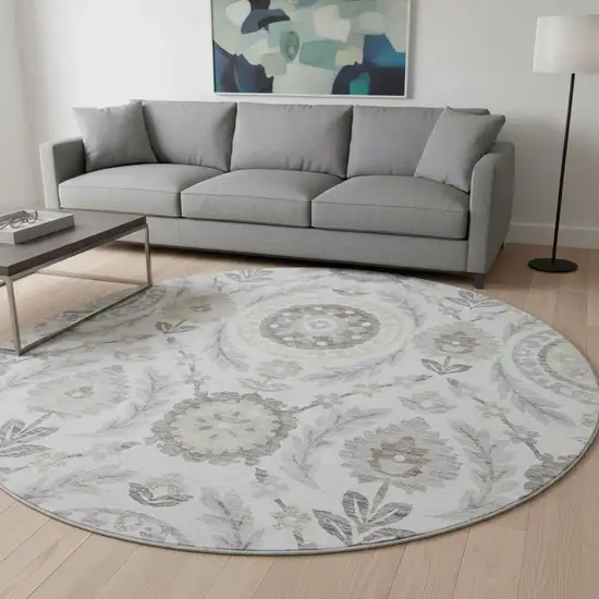 8' Silver Gray And Beige Floral Washable Round Rug With UV Protection Photo 2