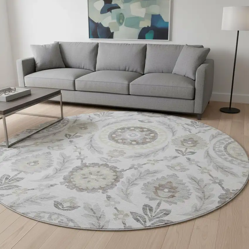 8' Silver Gray And Beige Floral Washable Round Rug With UV Protection Photo 2