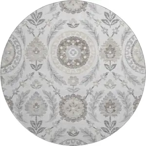 Photo of 8' Silver Gray And Beige Floral Washable Round Rug With UV Protection