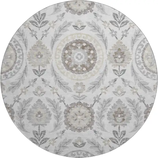 8' Silver Gray And Beige Floral Washable Round Rug With UV Protection Photo 1