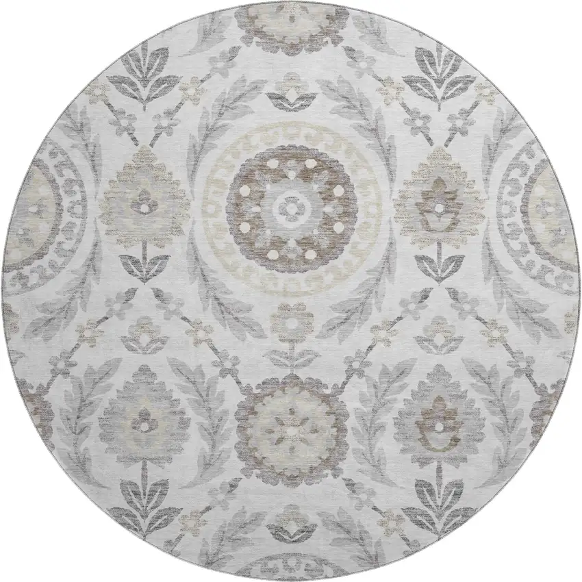 8' Silver Gray And Beige Floral Washable Round Rug With UV Protection Photo 1