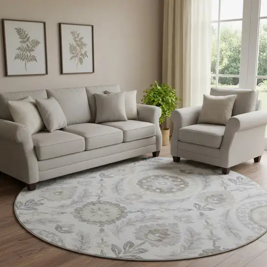 8' Silver Gray And Beige Floral Washable Round Rug With UV Protection Photo 1