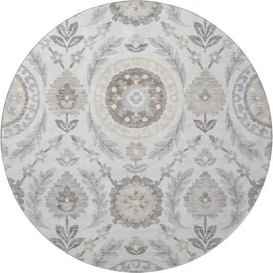 8' Silver Gray And Beige Floral Washable Round Rug With UV Protection Photo 4