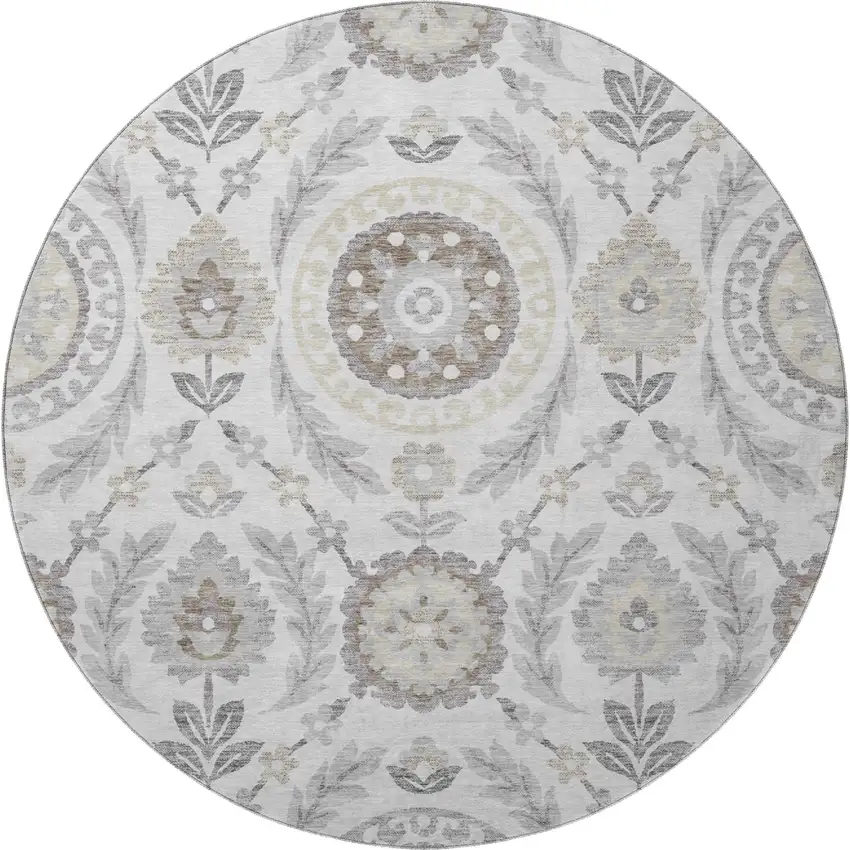 8' Silver Gray And Beige Floral Washable Round Rug With UV Protection Photo 4