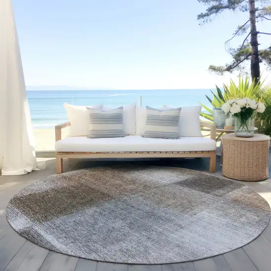 8' Silver Gray And Beige Round Abstract Washable Indoor Outdoor Area Rug Photo 6
