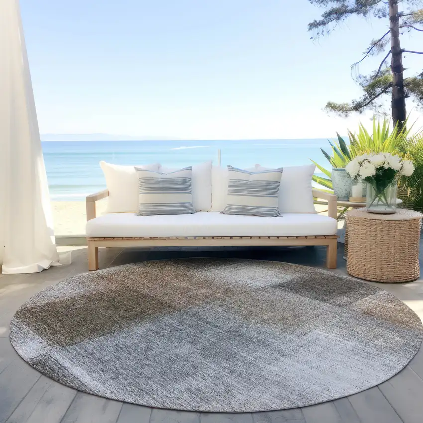 8' Silver Gray And Beige Round Abstract Washable Indoor Outdoor Area Rug Photo 6