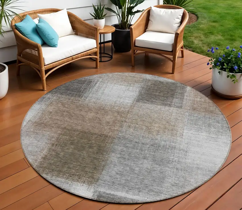 8' Silver Gray And Beige Round Abstract Washable Indoor Outdoor Area Rug Photo 1