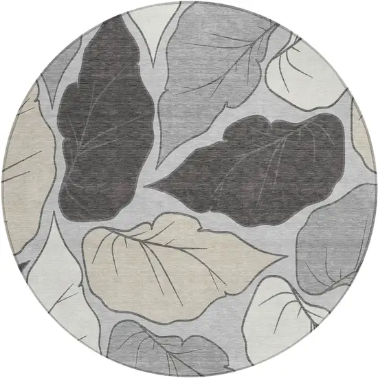 8' Silver Gray And Beige Round Botanical Leaves Washable Indoor Outdoor Area Rug Photo 2