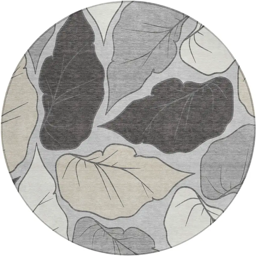 8' Silver Gray And Beige Round Botanical Leaves Washable Indoor Outdoor Area Rug Photo 2
