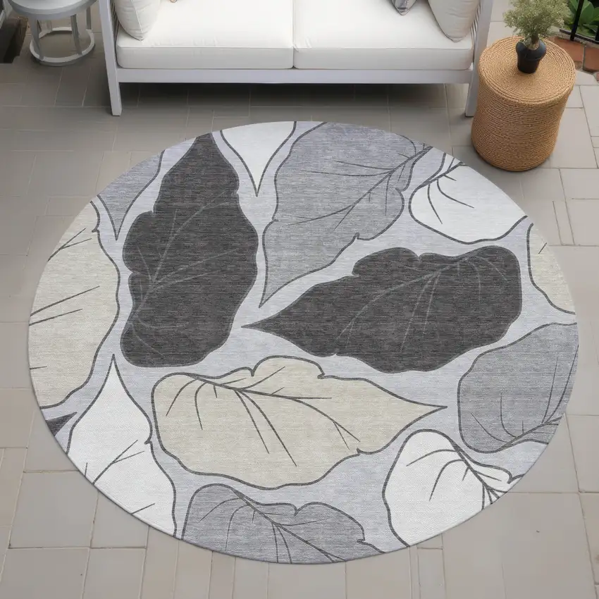 8' Silver Gray And Beige Round Botanical Leaves Washable Indoor Outdoor Area Rug Photo 7