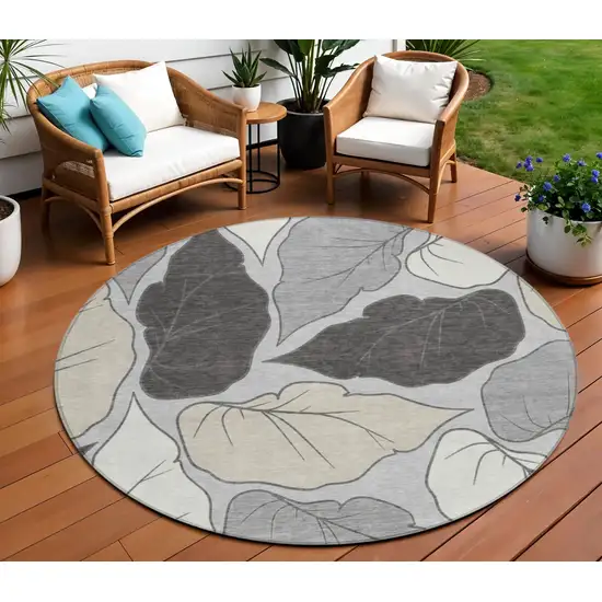 8' Silver Gray And Beige Round Botanical Leaves Washable Indoor Outdoor Area Rug Photo 1