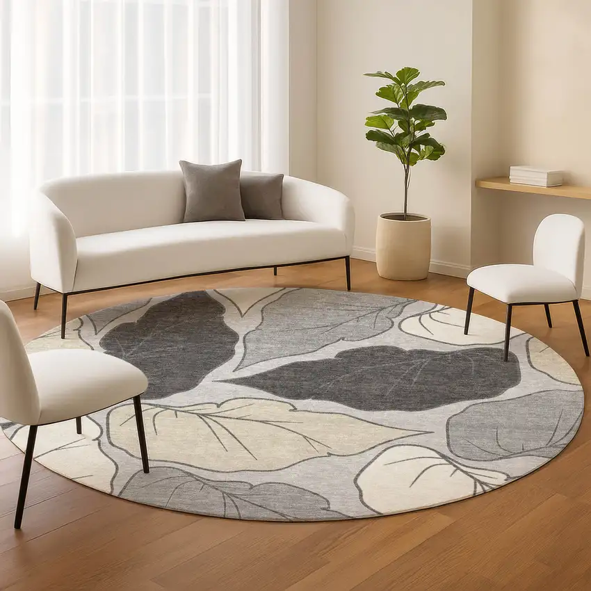 8' Silver Gray And Beige Round Botanical Leaves Washable Indoor Outdoor Area Rug Photo 9